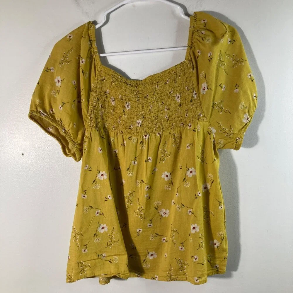 Womens Old Navy Puff Sleeve‎ Ruched Top Floral Blouse Mustard XS Cotton Rayon